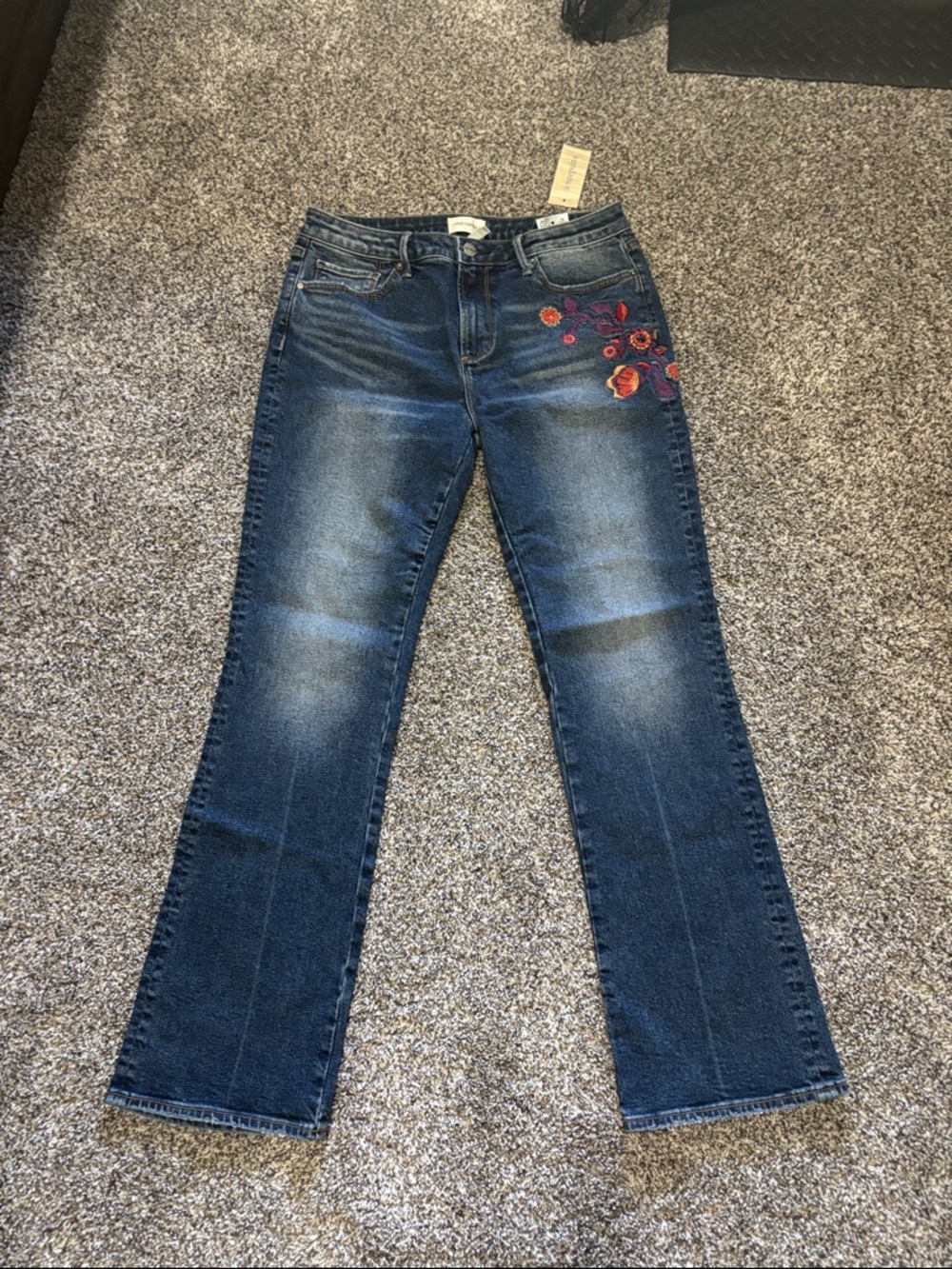 DRIFTWOOD Dark Blue Flare Jeans with Red Floral Embroidery